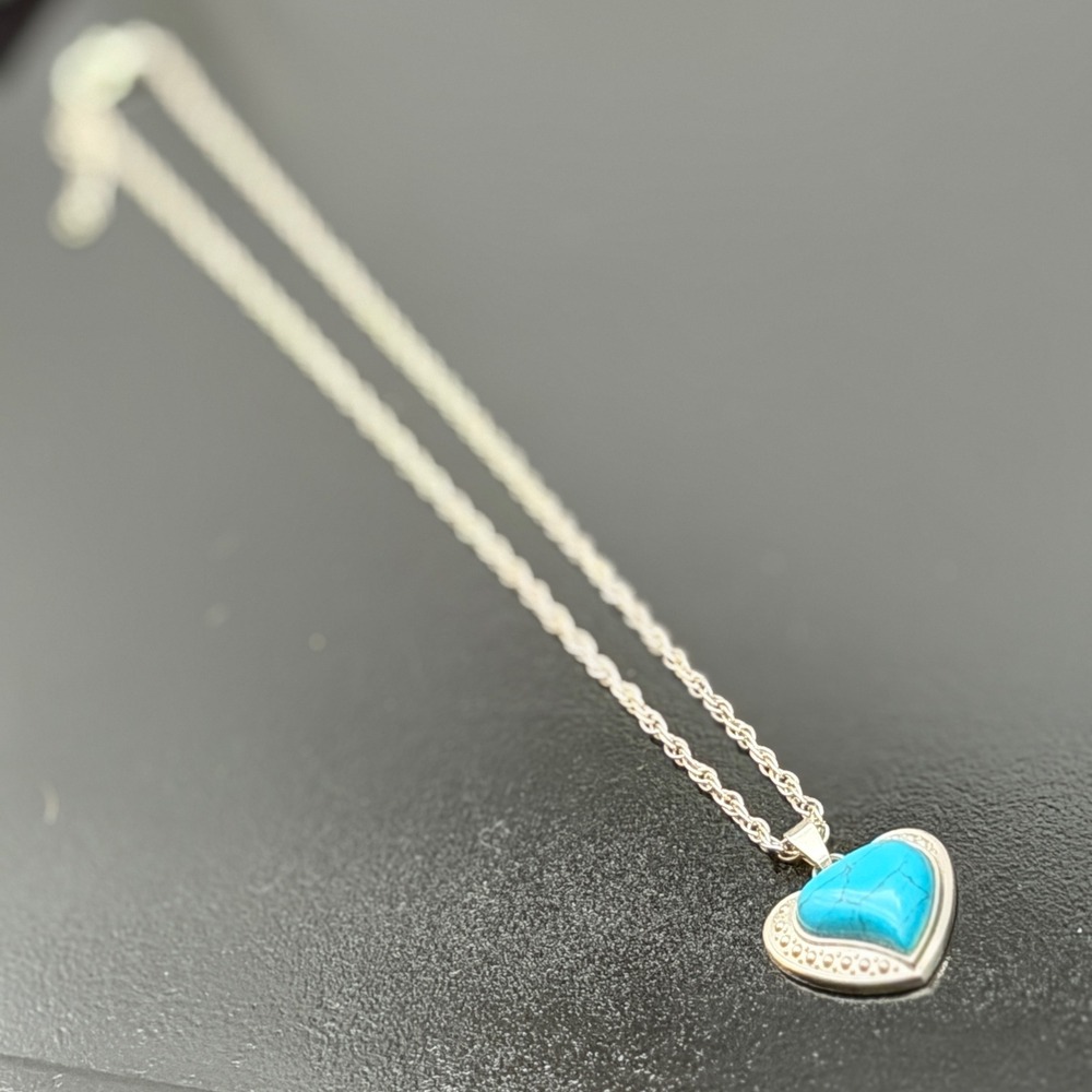 Silver Tone Heart Turquoise Pendant Necklace Blue Stone Rope Chain Boho Jewelry